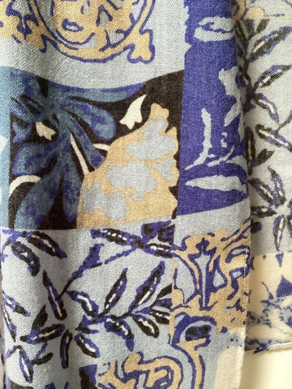 Blue and tan floral shawl, wrap, scarf - 74